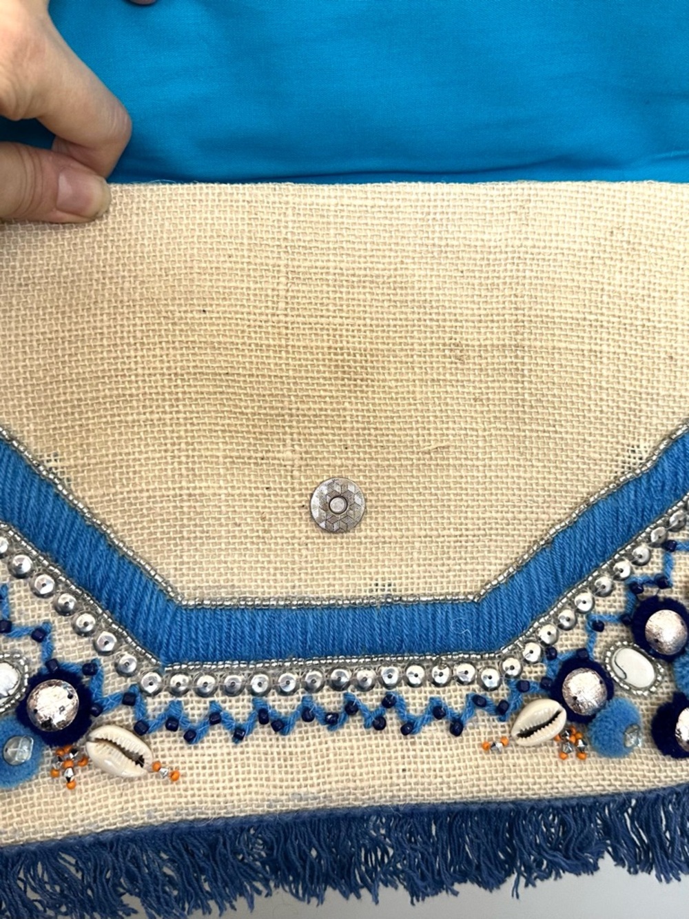 Ranee’s Miami Jute Clutch-Crossbody with Puka Shells, Fringe and Beads - Picture 6 of 11